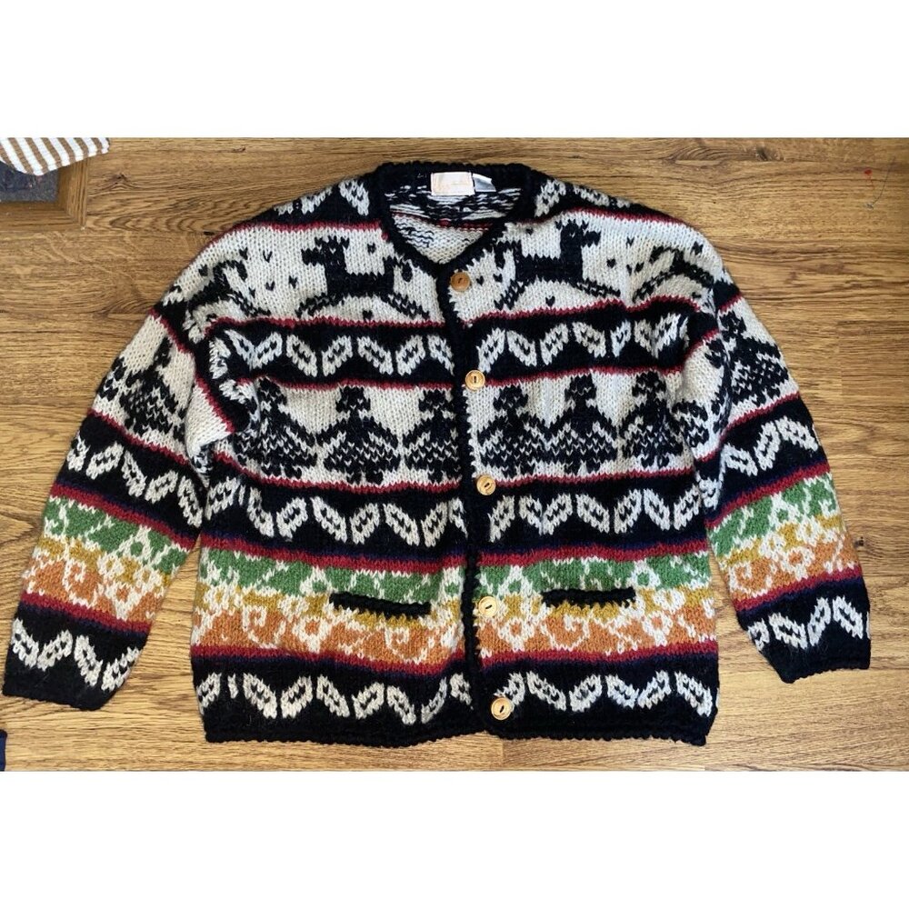 VTG Hit Wear Chunky Hand Knitted Dog Sweater Cardigan 100% Wool Size L/XL